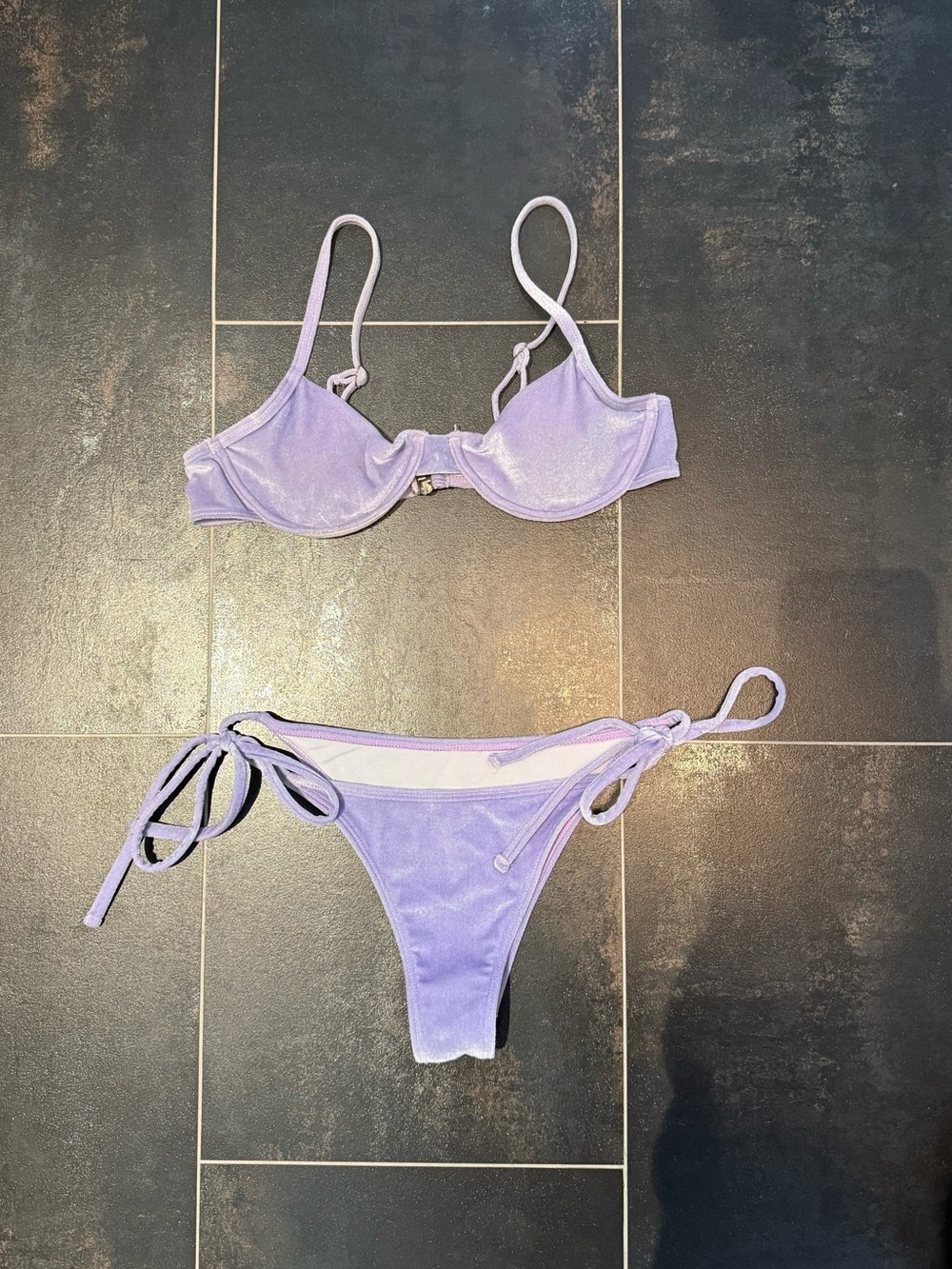 Purple/Lavender Velvet bikini set with tie back detail, Size XS